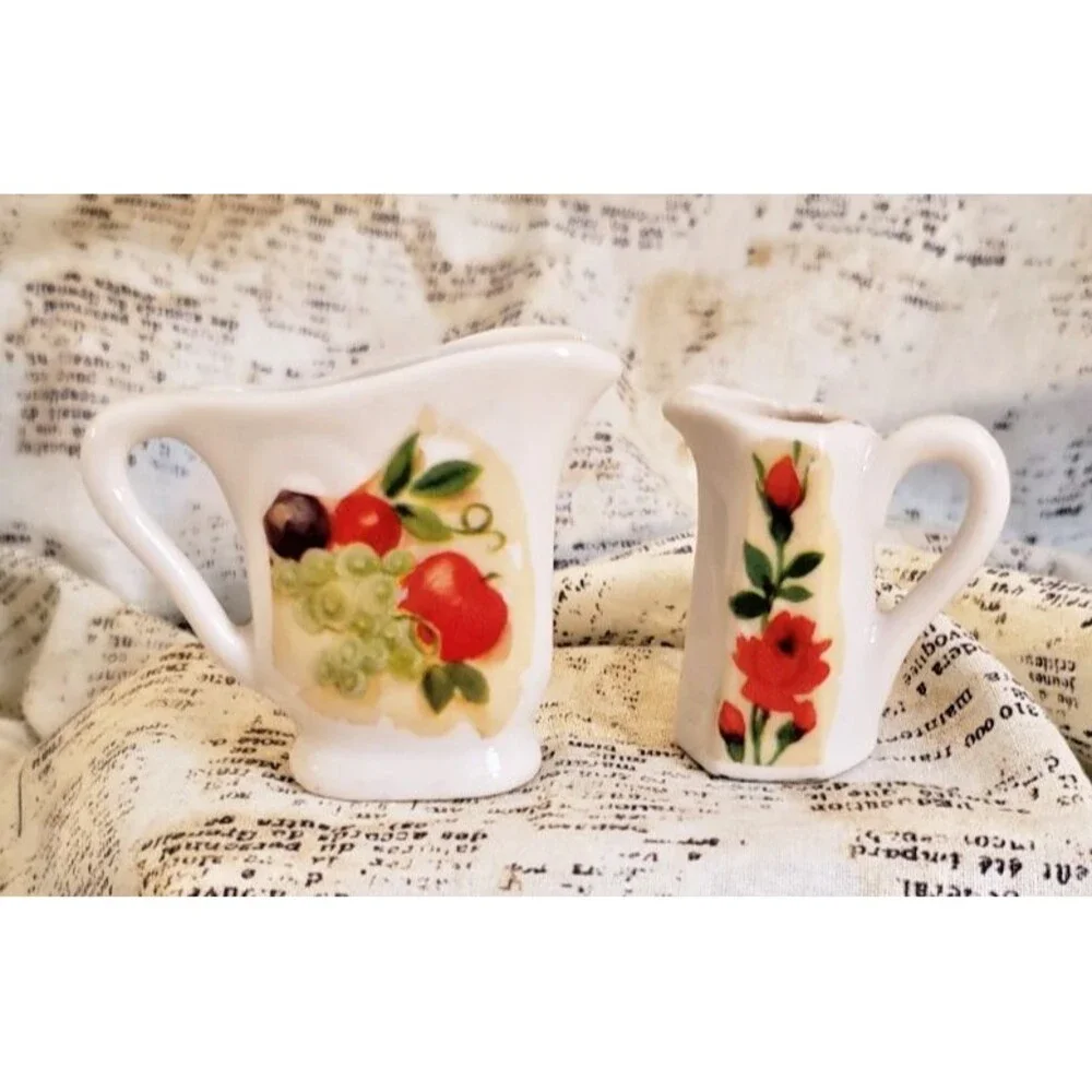 Artsy, Colorful - 2 White Vintage Miniature Pitchers w/ Fruit and Floral Details